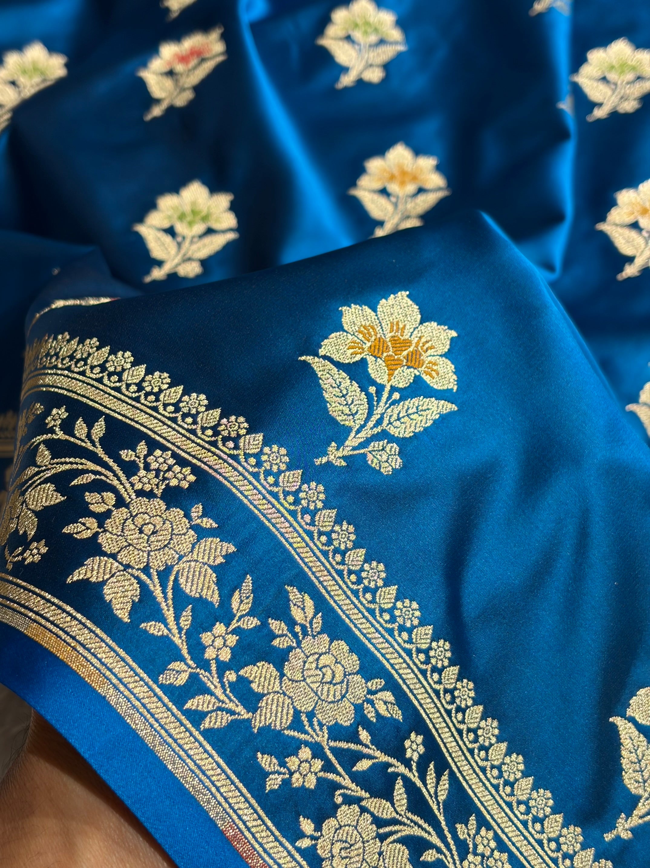Premium Banarasi Satin Katan Saree With Minakari Boota in German Blue Shades SK112