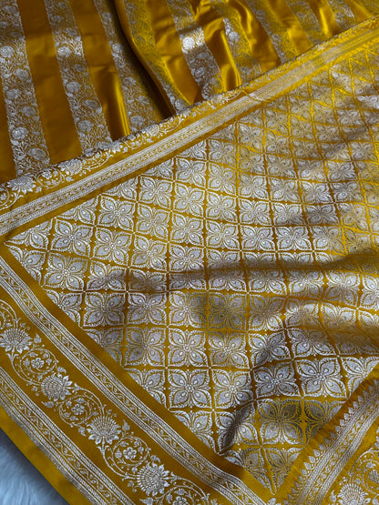 Mustard Shades Banarasi Cross Pattern Floral Mashru Silk Saree MSM-102