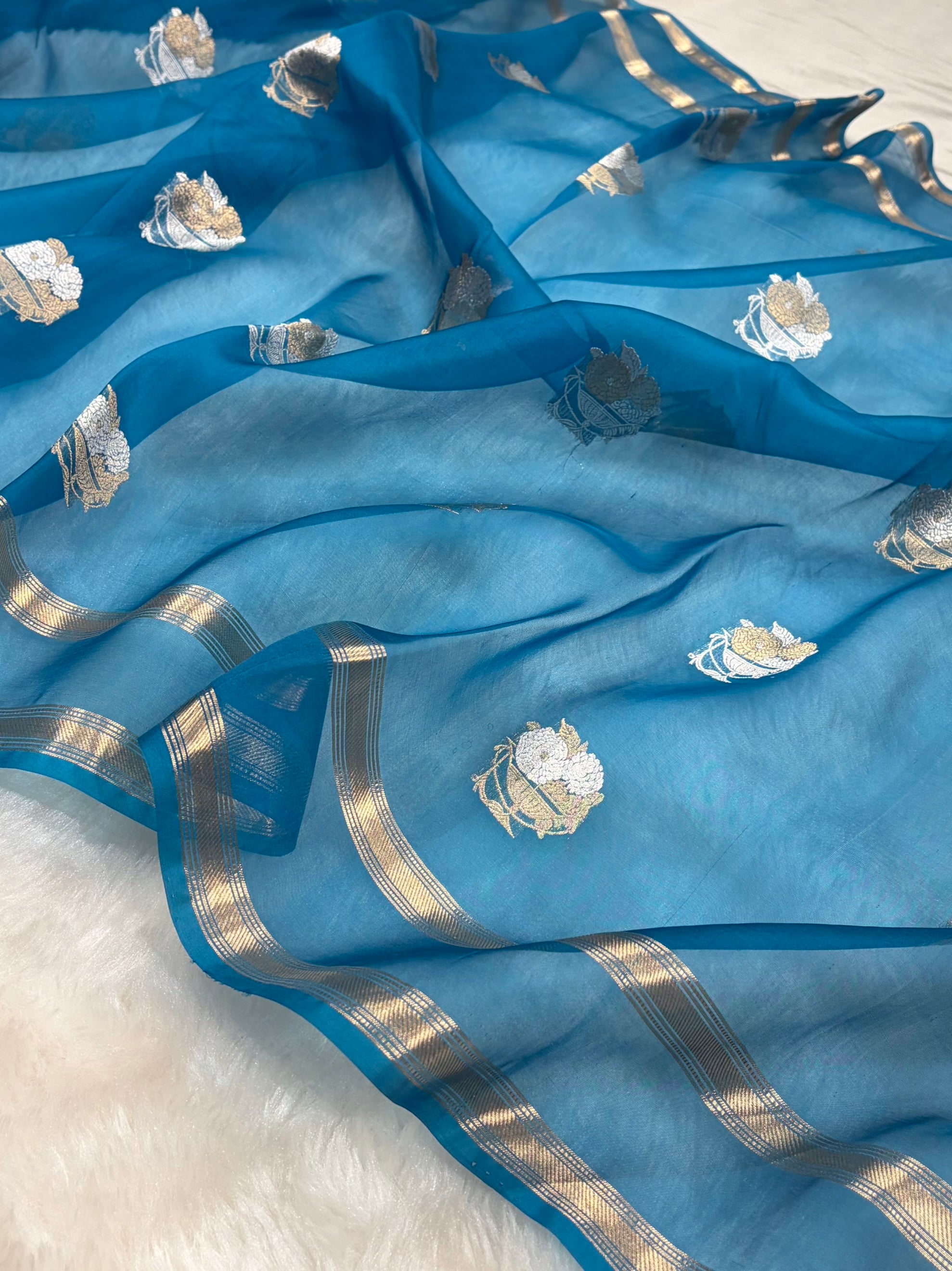 Pure Banarasi Organza German Blue Shades Floral Banarasi Silk Saree PO-20
