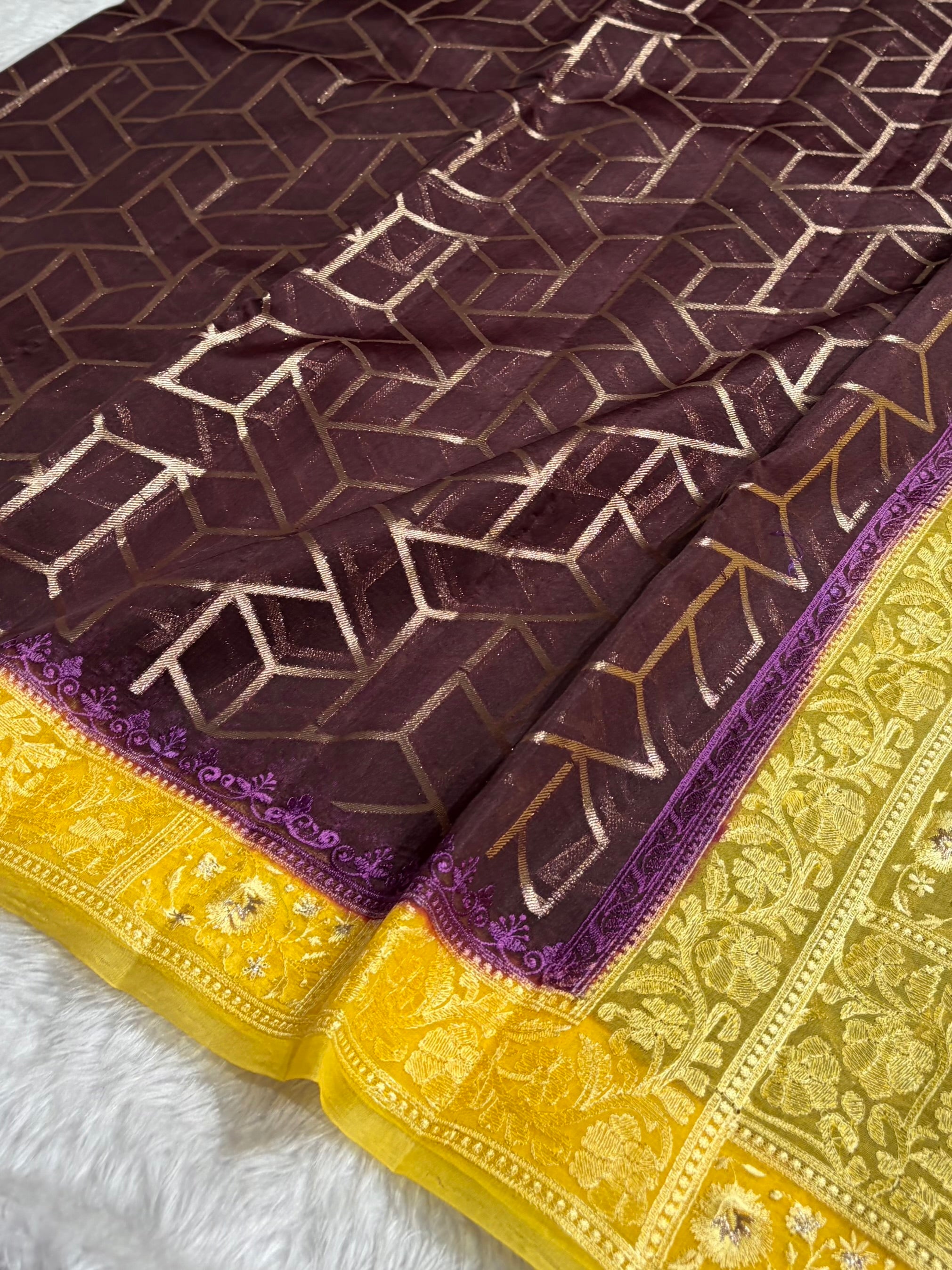 Banarasi Pure Organza Contrast Chocolate With Yellow Shades Banarasi Silk Saree PO-43