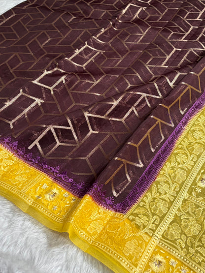 Banarasi Pure Organza Contrast Chocolate With Yellow Shades Banarasi Silk Saree PO-43