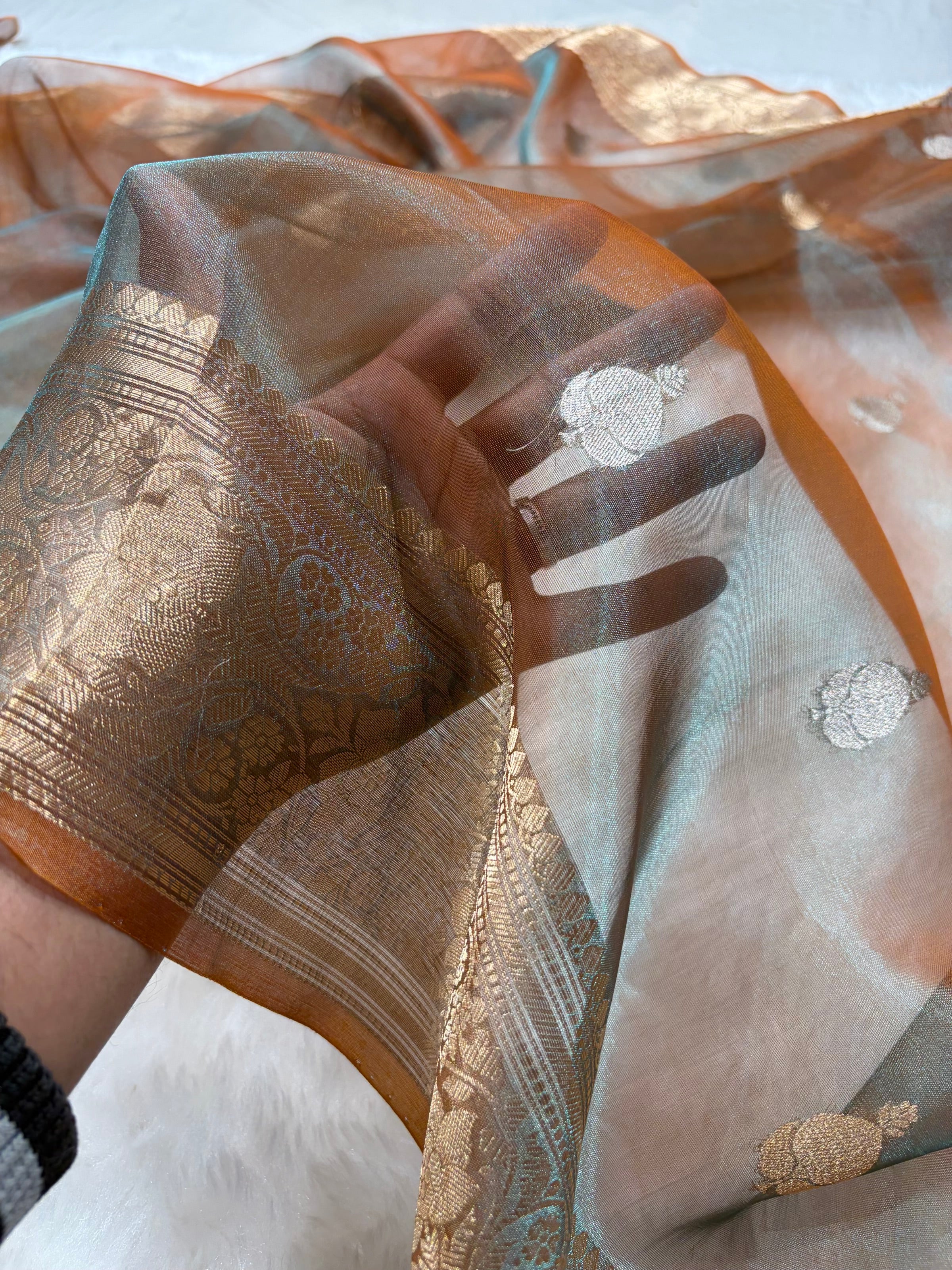 Rust Bananasi Floral Shades Pure Tissue Silk Saree PT-38