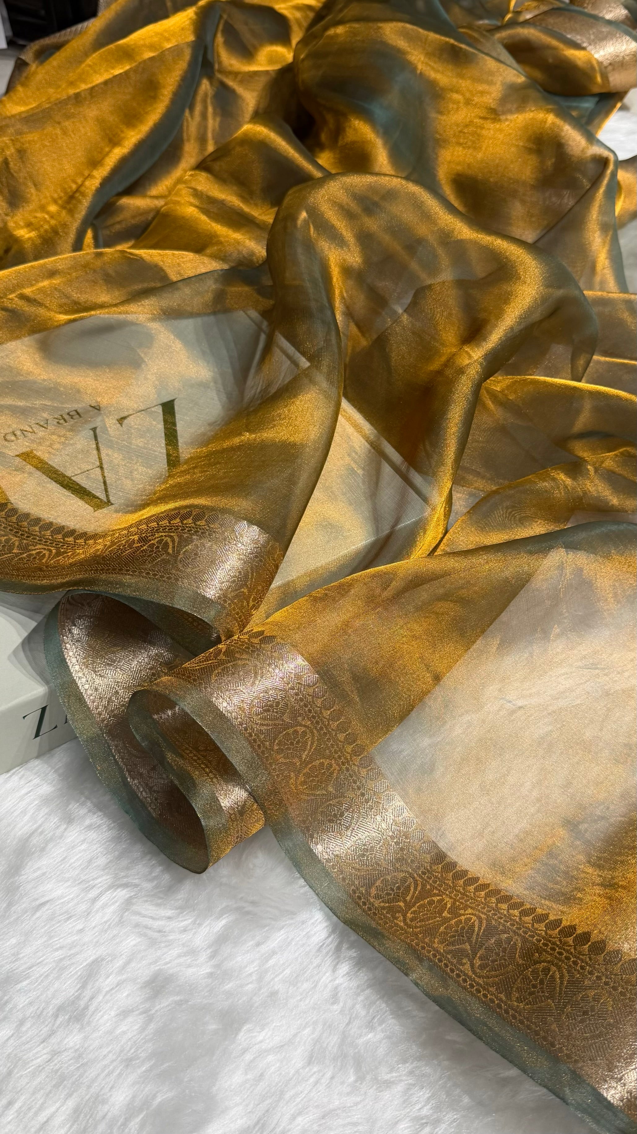 Cross Mehendi Shades Pure Tissue Silk Saree with Brocade Blouse PT-09