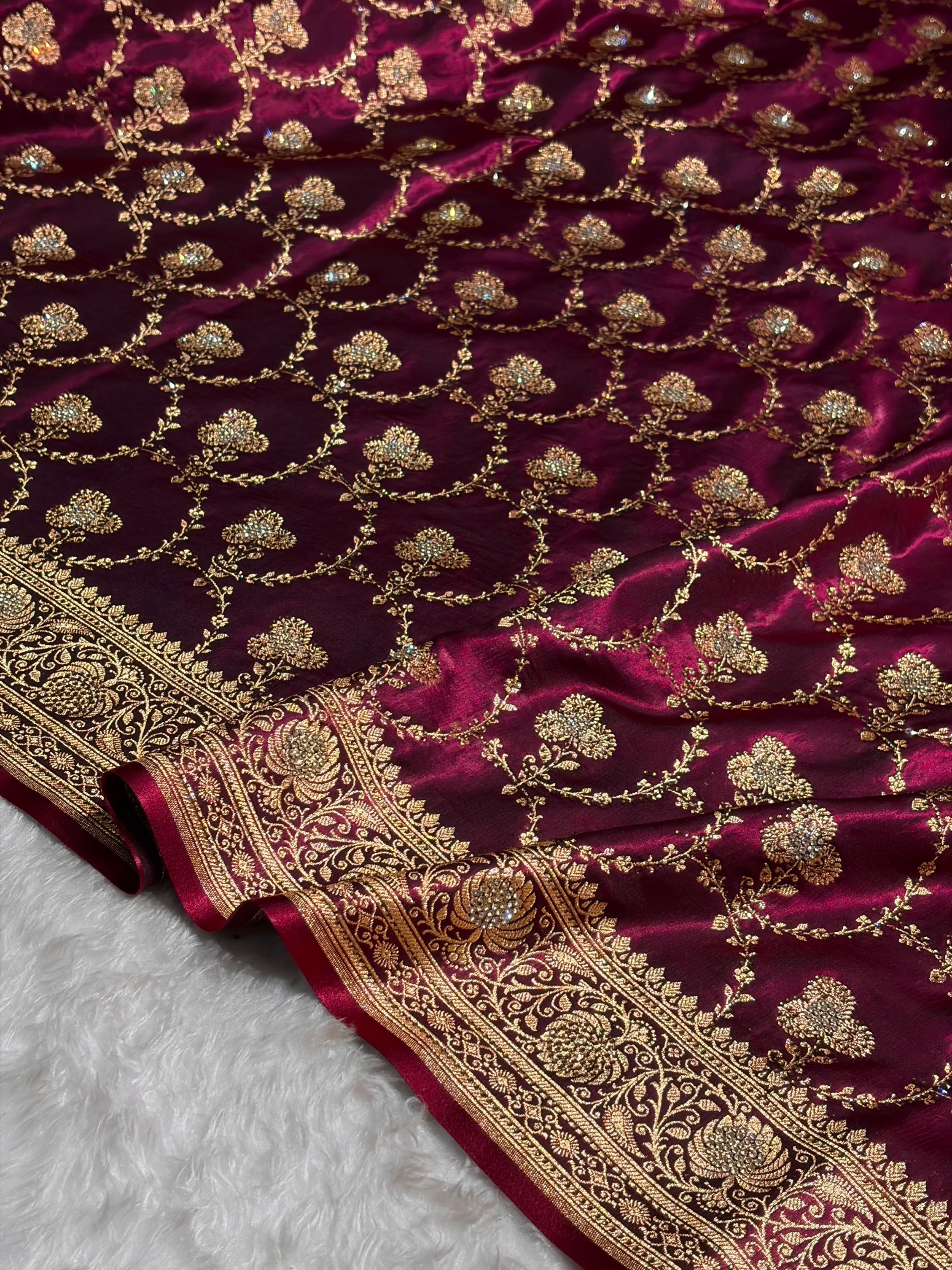 Satin Silk Saree Banarasi Swarovski Work Jaal in Wine Shades  BSS23 (R)