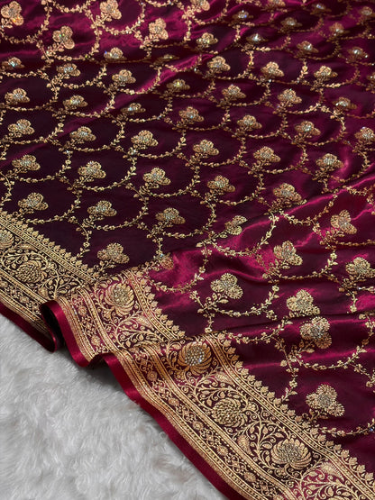 Satin Silk Saree Banarasi Swarovski Work Jaal in Wine Shades  BSS23 (R)