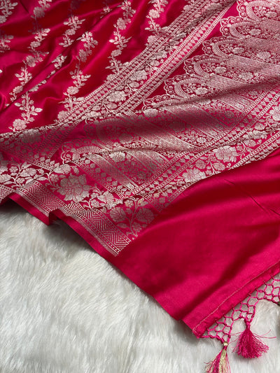Ruby Pink Shades Banarasi Cross Jaal Mashru Silk Saree MCS18
