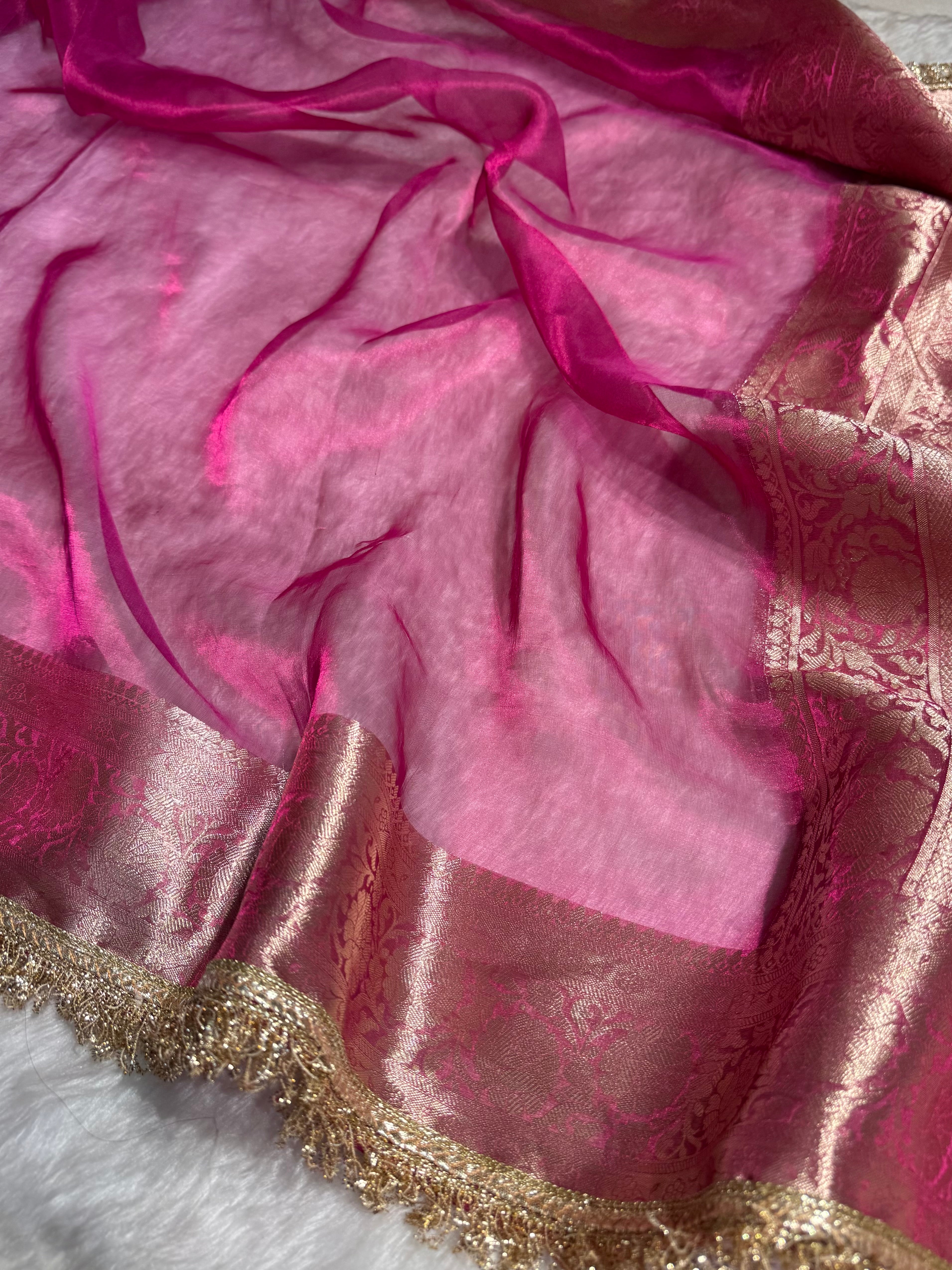 Ruby Pink shade Pure Tissue Silk Saree with Gota Patti PTGP-17