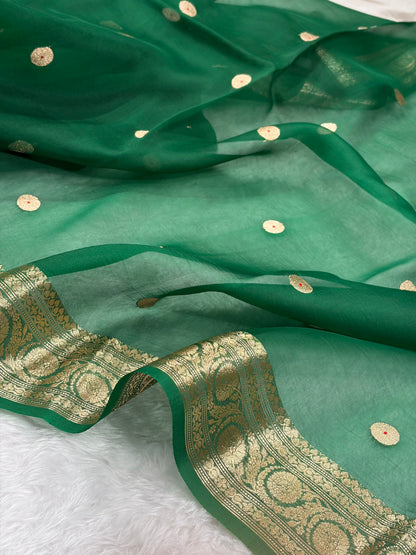 Pure Banarasi Organza Bottle Green Shades With Minakari Floral Banarasi Silk Saree PO-28