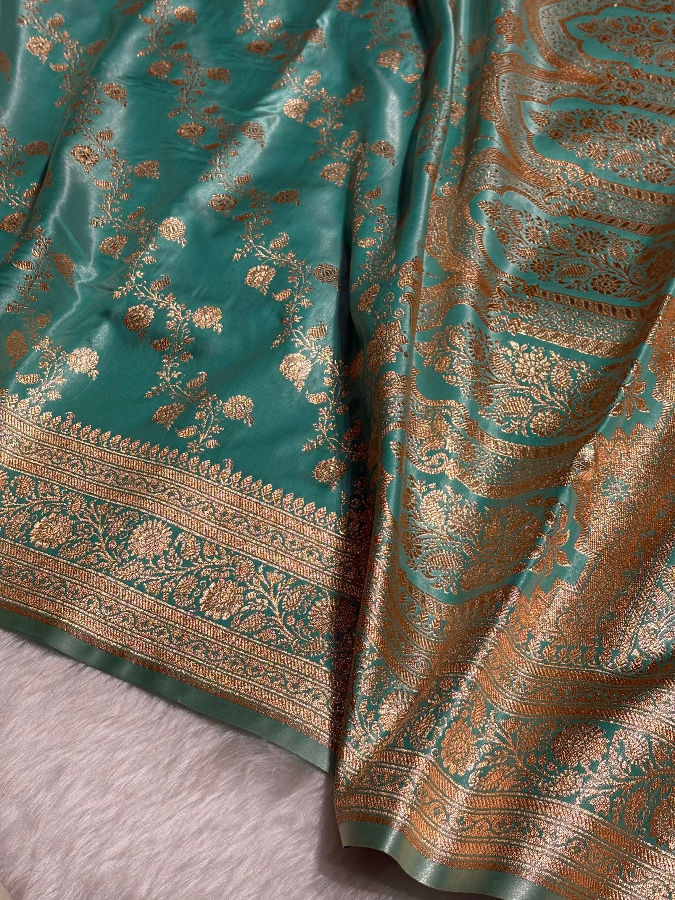 Sea Green Shades Banarasi  Cross Jaal Satin Silk Saree SS11