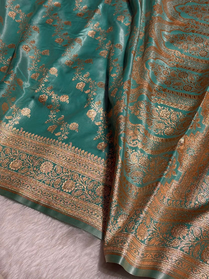 Sea Green Shades Banarasi  Cross Jaal Satin Silk Saree SS11