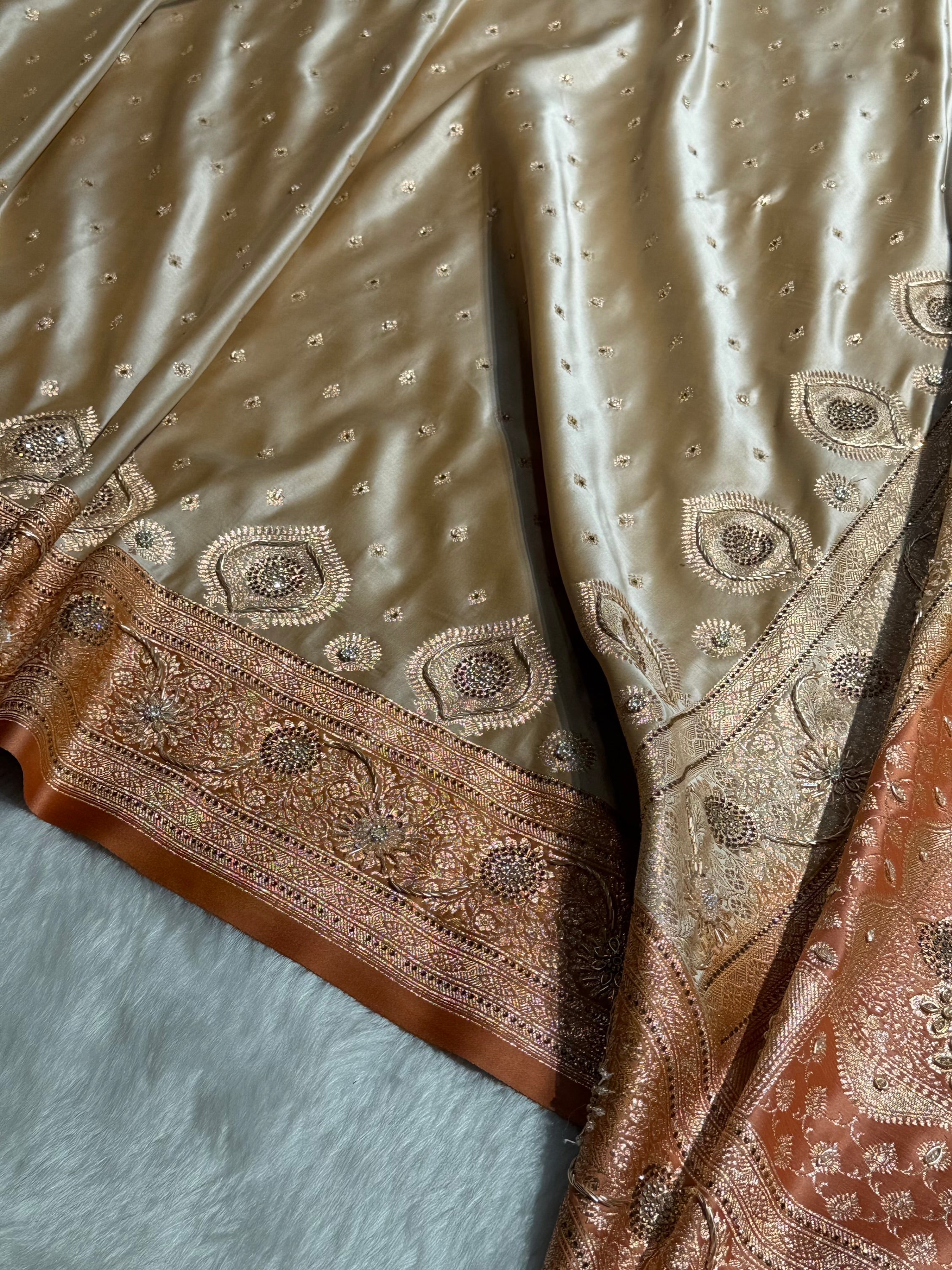 Mustard Tusser With Peach Booti With Ari & Zardozi Work Satin Katan Silk saree BSK29