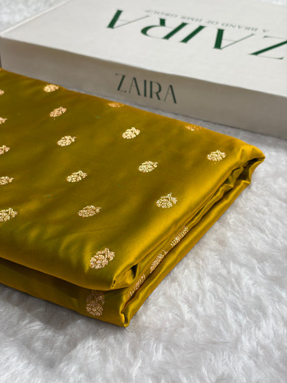 Banarasi Cross Liril Mehendi Floral Pattern Satin Katan Silk Saree SK76