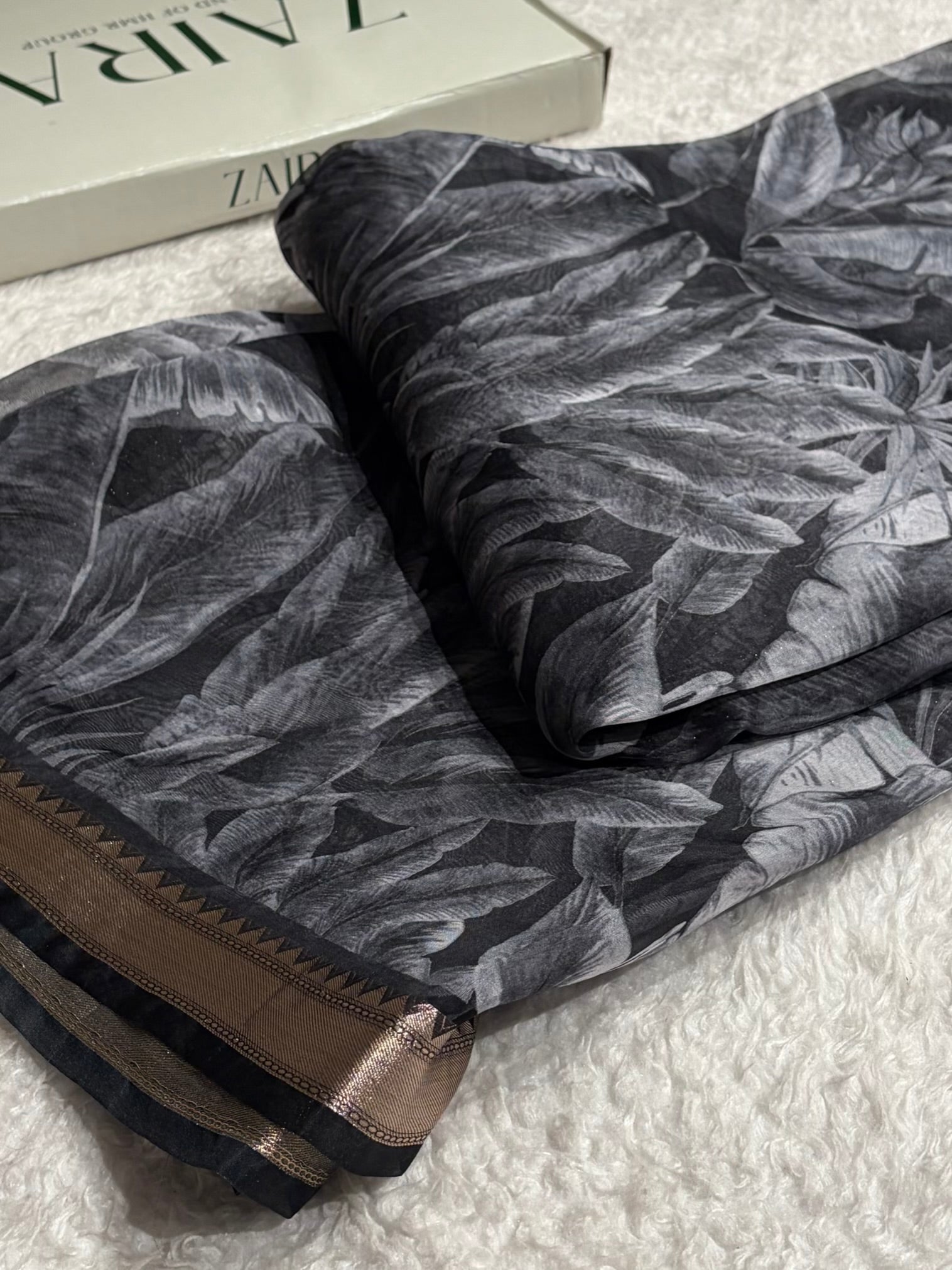 Black Organza with Pastel Multicolor Florals & Gold Zari Border POP12