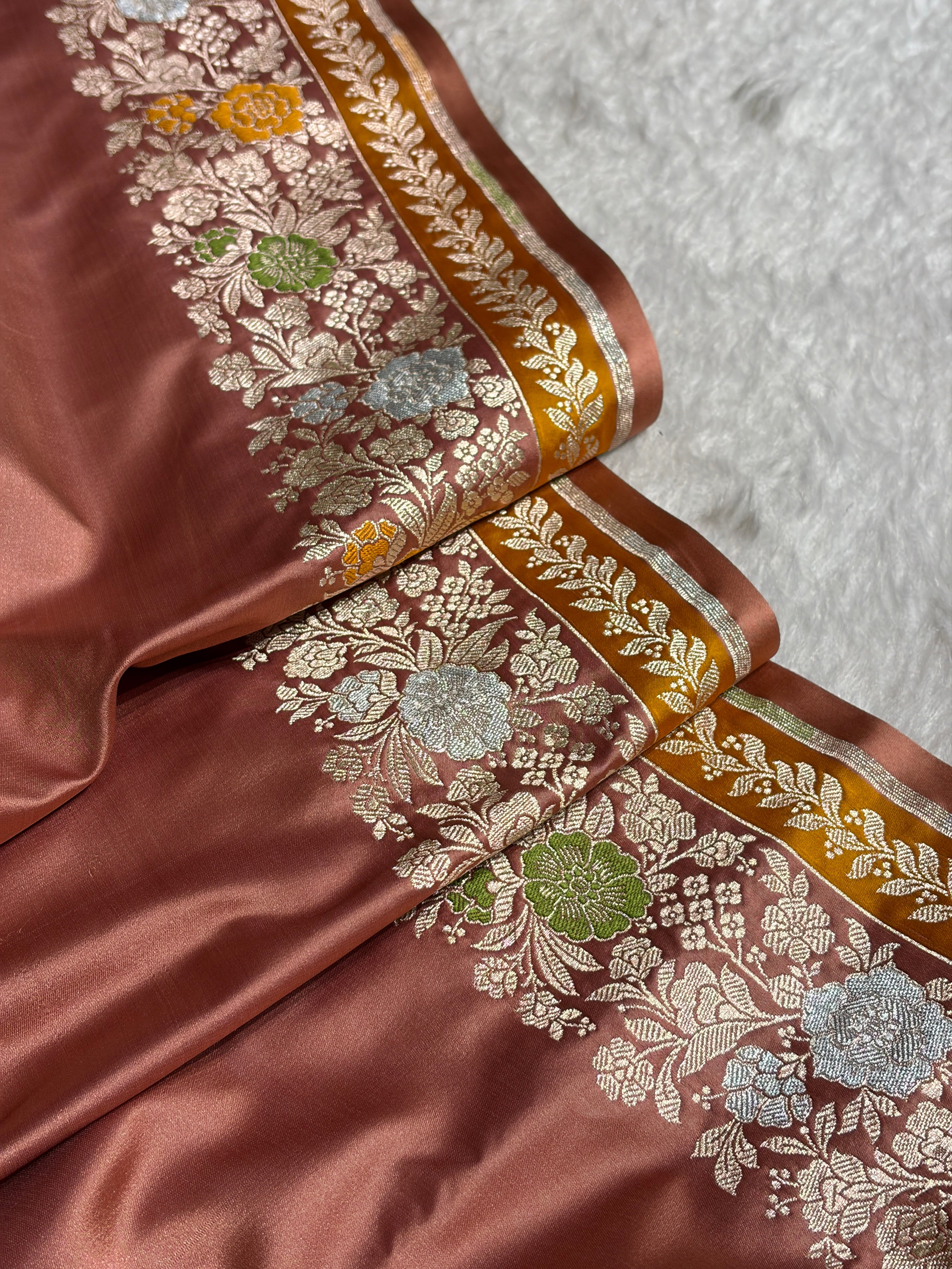 Banarasi Copper Shades Floral Minakari Skirt Border Mashru Silk Saree MSM-83