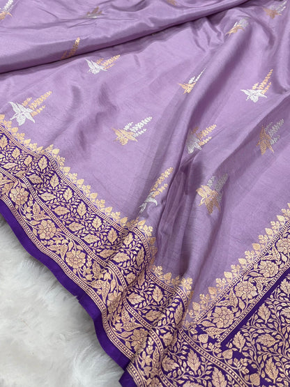 Lavender With Purple Contrast Shades Meena Boota Handwoven Pure Katan Paper Silk RM-36