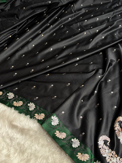 Black With Bottle Green Floral Boota With Floral Border Mashru Silk Saree MSM-78