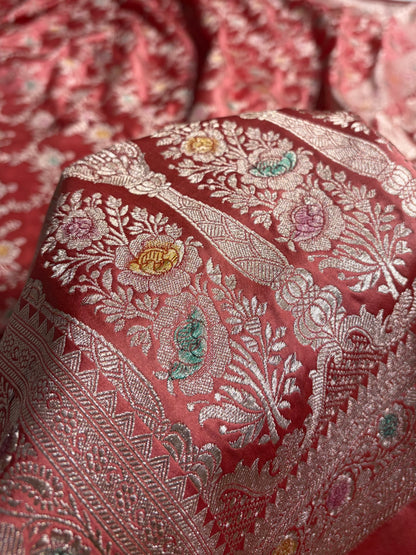 Peach Shades Banarasi Minakari Floral Jaal Mashru Silk Saree MS28