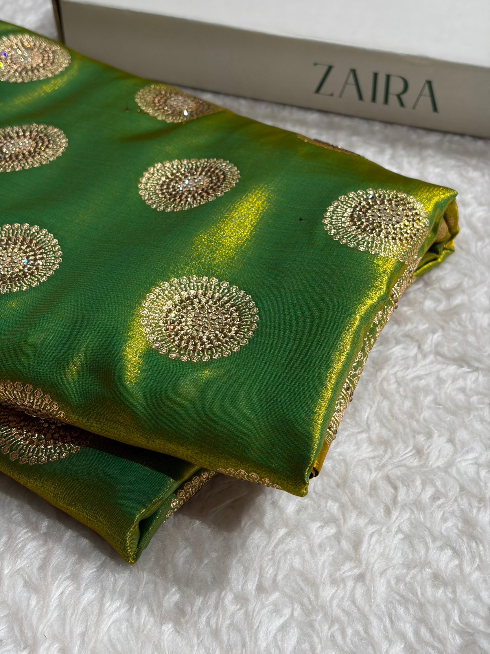 Liril Green Shades Banarasi With Swarovski Stone Work Satin Silk Saree BSS33