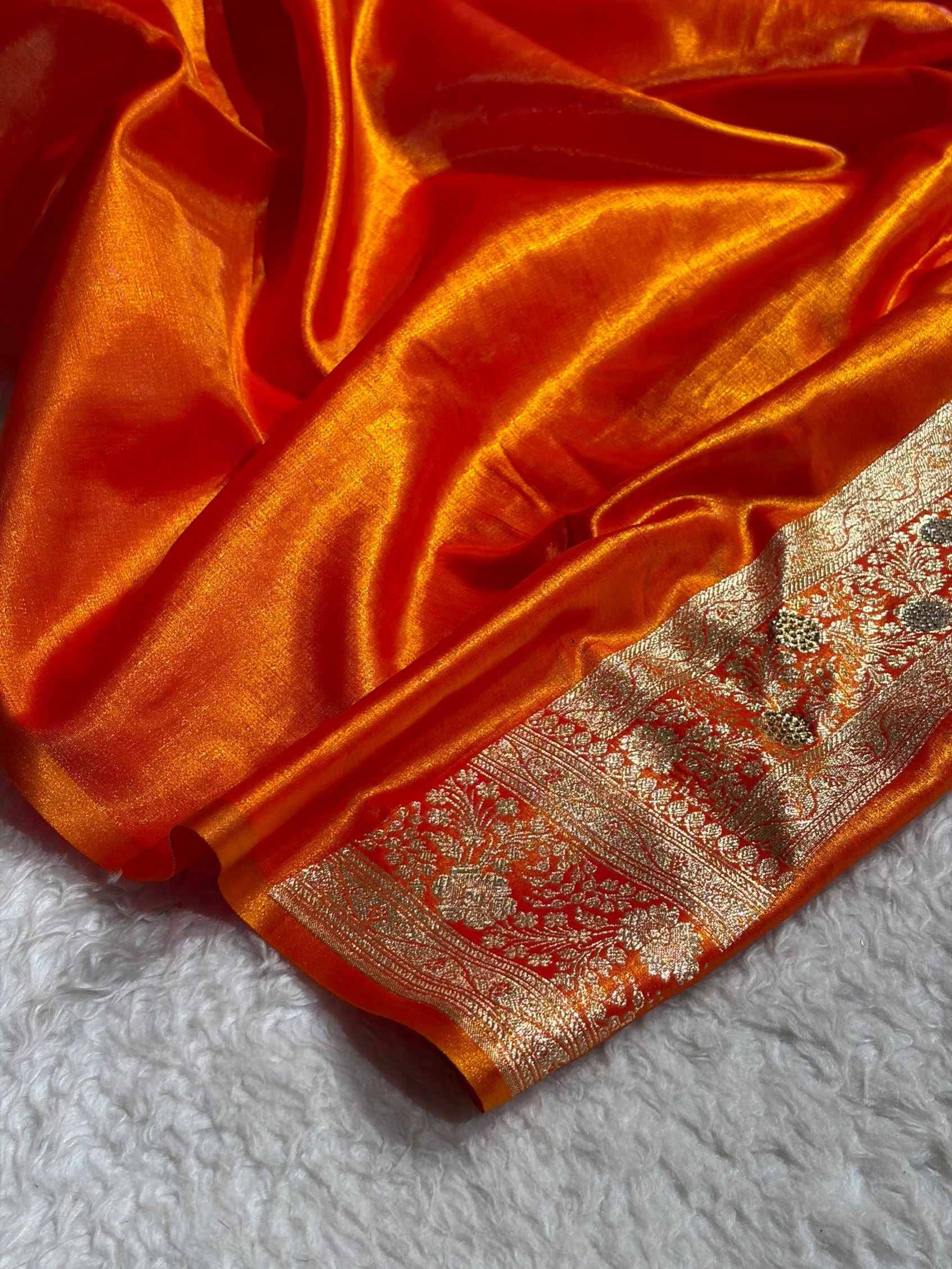 Fire Gold Shades Banarasi With Swarovski Stone Work Satin Silk Saree BSS33