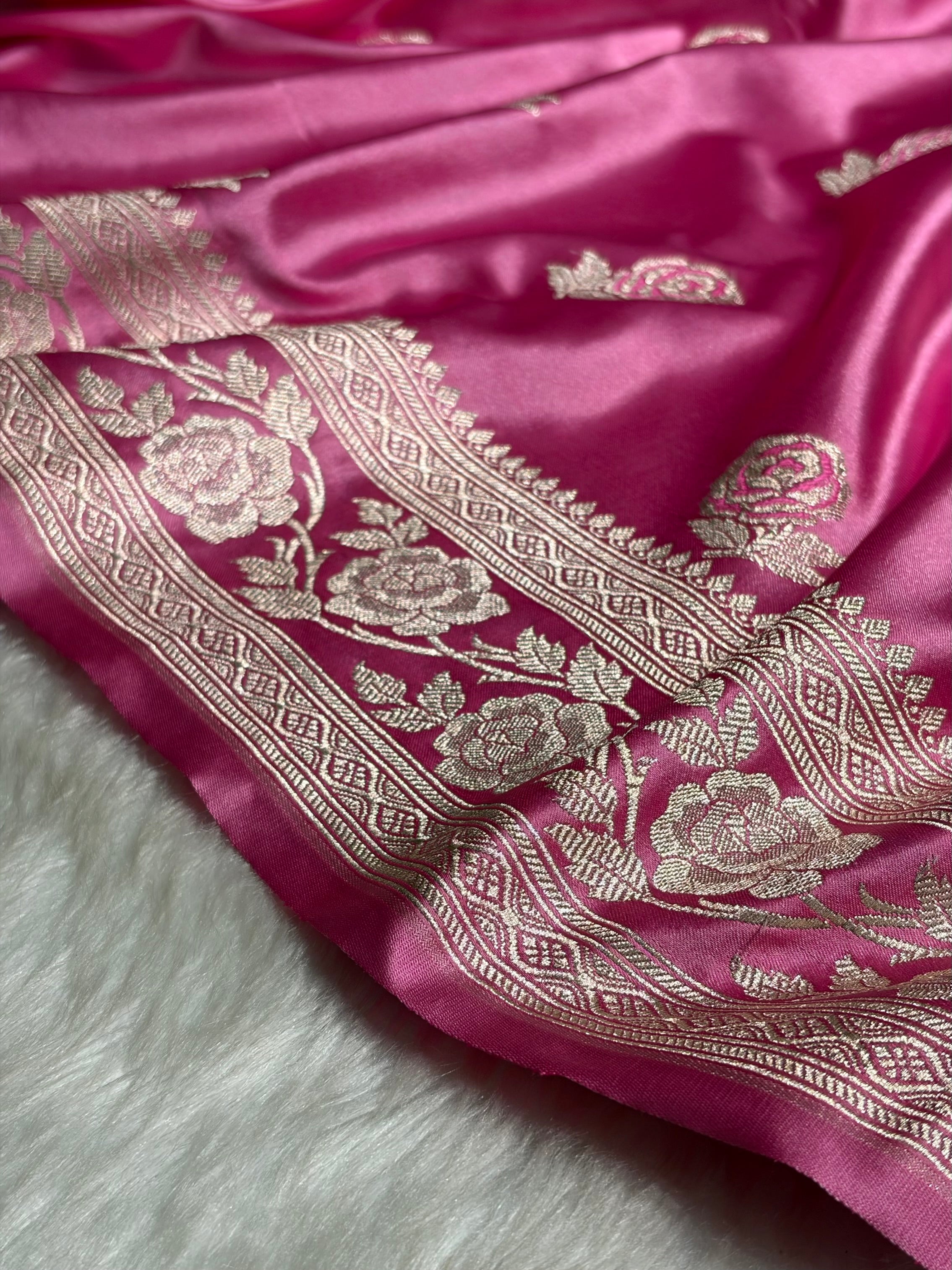 Baby Pink Rose Motif Mashru Silk Saree