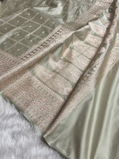 Pastel Pista Shades Banarasi With Floral Border Mashru Silk Saree MSM-124