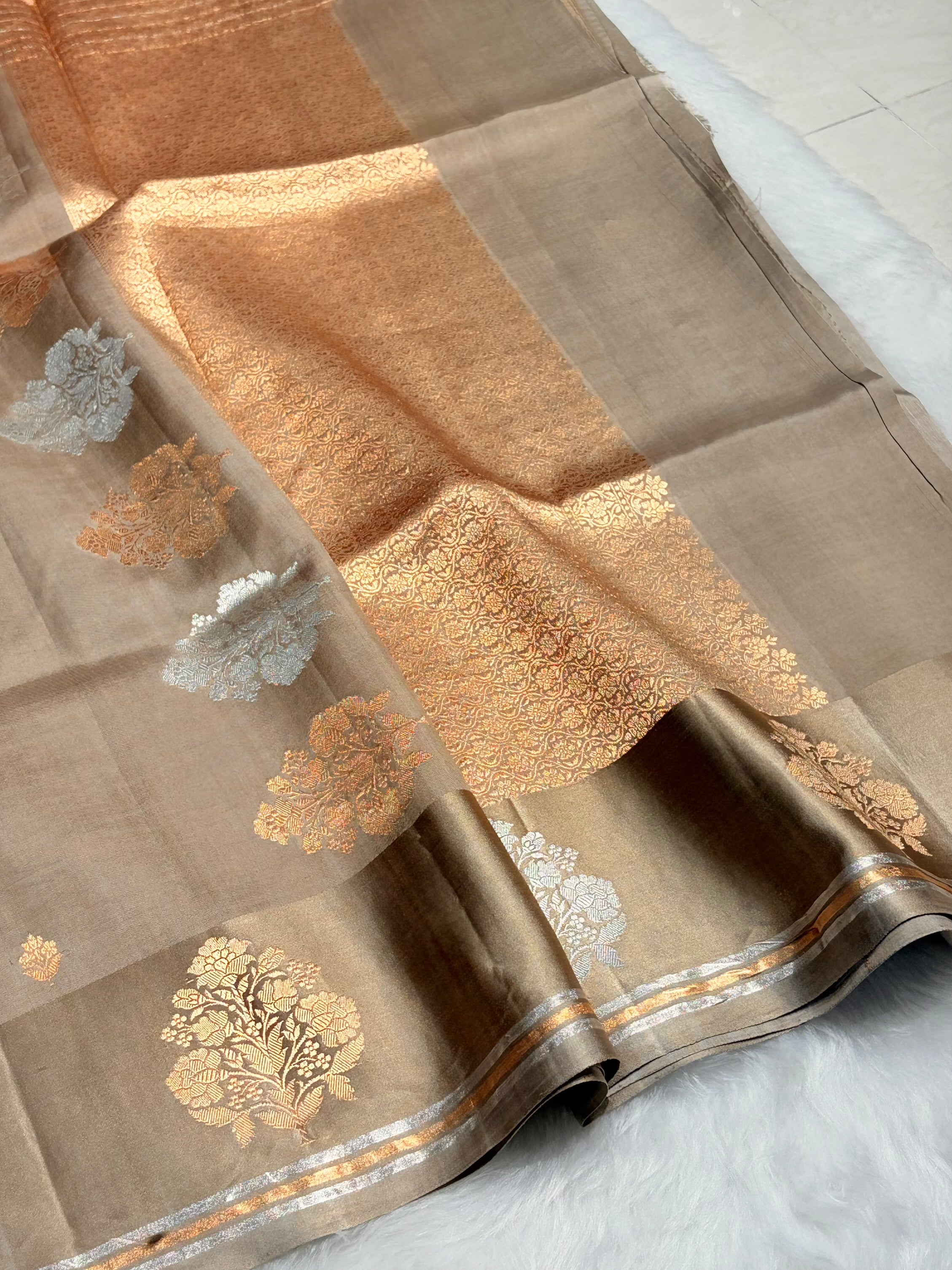 Beige Shades Meena Boota Handwoven Pure Katan Raw Mango Silk RM-01