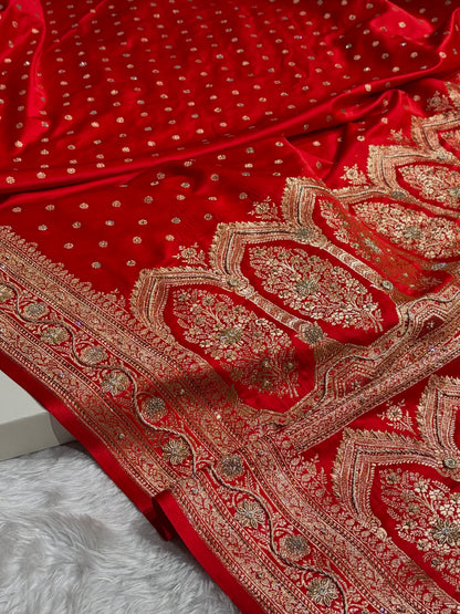 Banarasi Red Katan Silk Saree With Ari Zardozi and Swarovski stone work BSK01