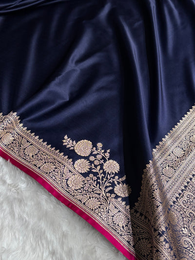 Navy Blue Shades Floral Border Mashru Silk Saree MSM-62