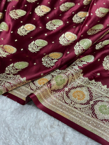 Garnet Banarasi Minakari Booti Satin Katan Silk saree