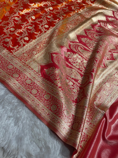 Fire Gold Contrast Shades Jaal Pattern Banarasi Satin Silk Saree SS47