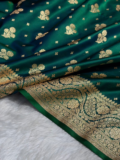 Cross Green Floral Unique Boota Pattern Satin Katan Silk Saree SK73