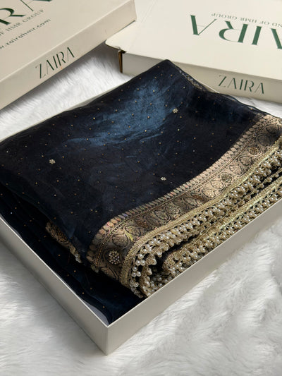 Black Navy Shades Pure Tissue Silk With Banarasi Swarovski Work Saree with Brocade Blouse BPGPT-09