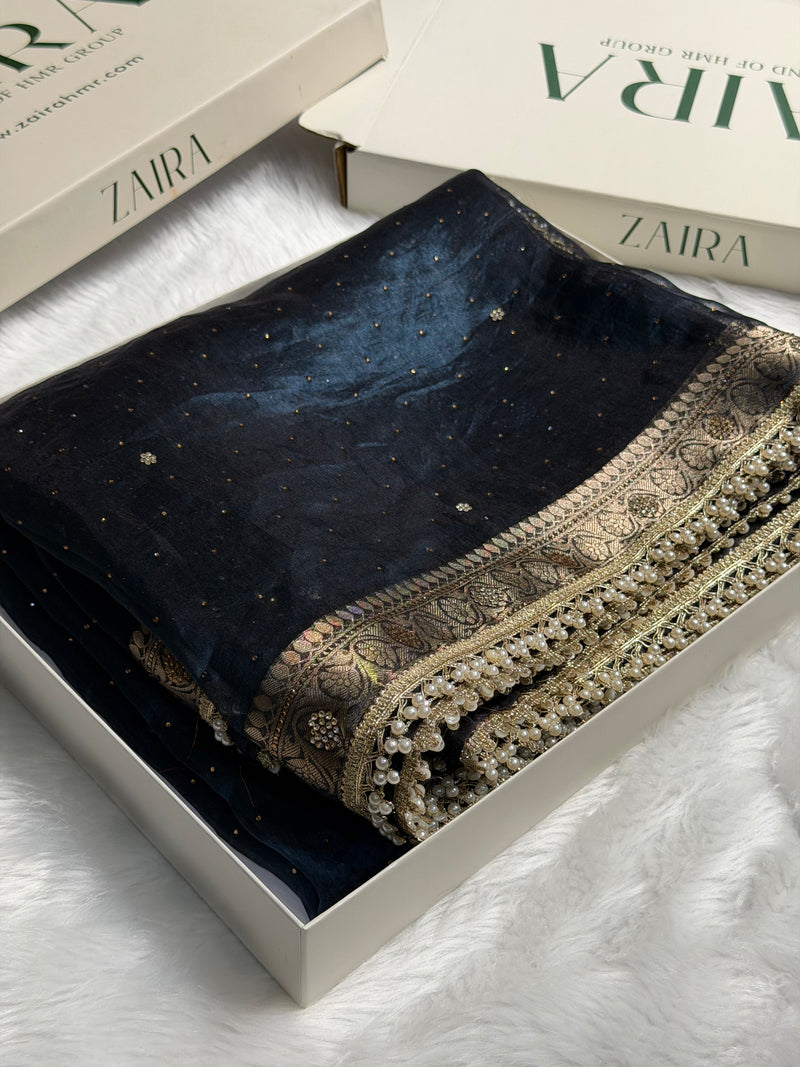 Black Navy Shades Pure Tissue Silk With Banarasi Swarovski Work Saree with Brocade Blouse BPGPT-09