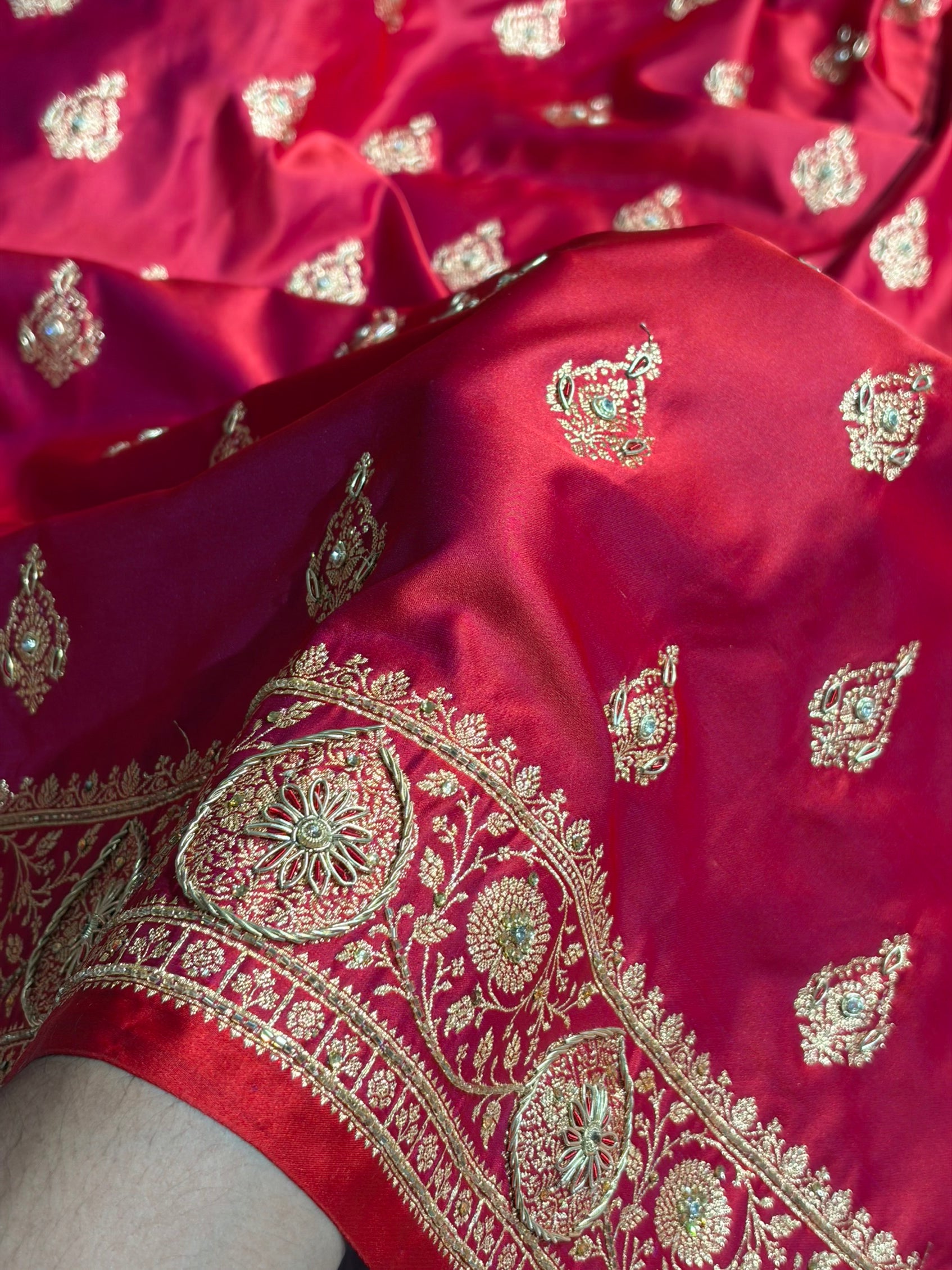 Banarasi Satin Katan Saree With Aari Zardozi Work Boota in Cross Red Shades BSK98