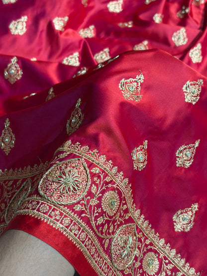 Banarasi Satin Katan Saree With Aari Zardozi Work Boota in Cross Red Shades BSK98