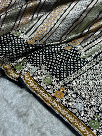 Banarasi Black Shades Floral Minakari Skirt Border Mashru Silk Saree MSM-83