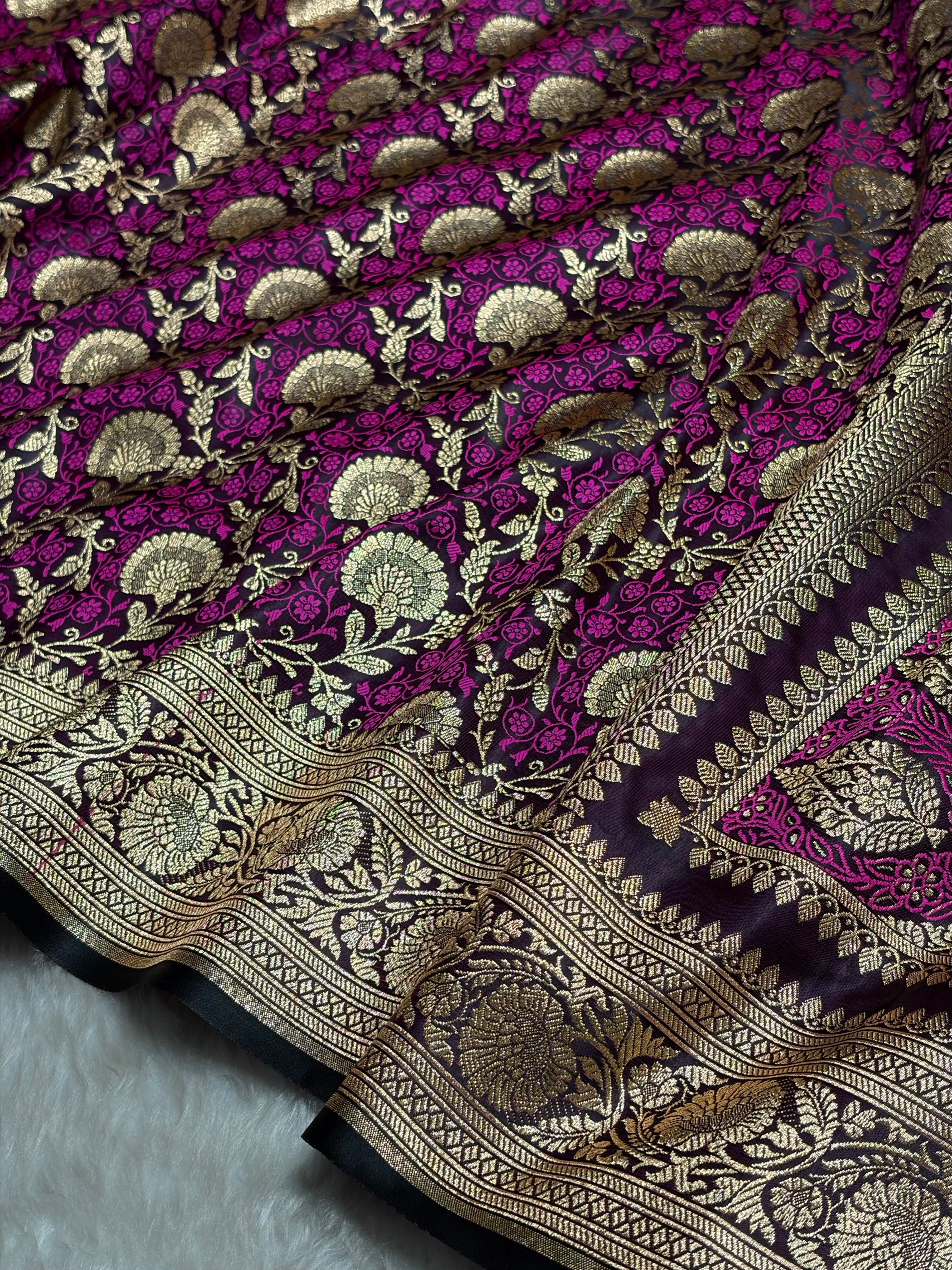 Wine With Pink Tanchoi Satin Katan Silk Saree SKTM-05