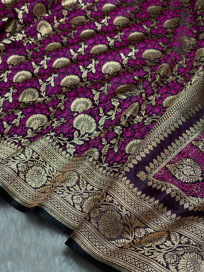 Wine With Pink Tanchoi Satin Katan Silk Saree SKTM-05