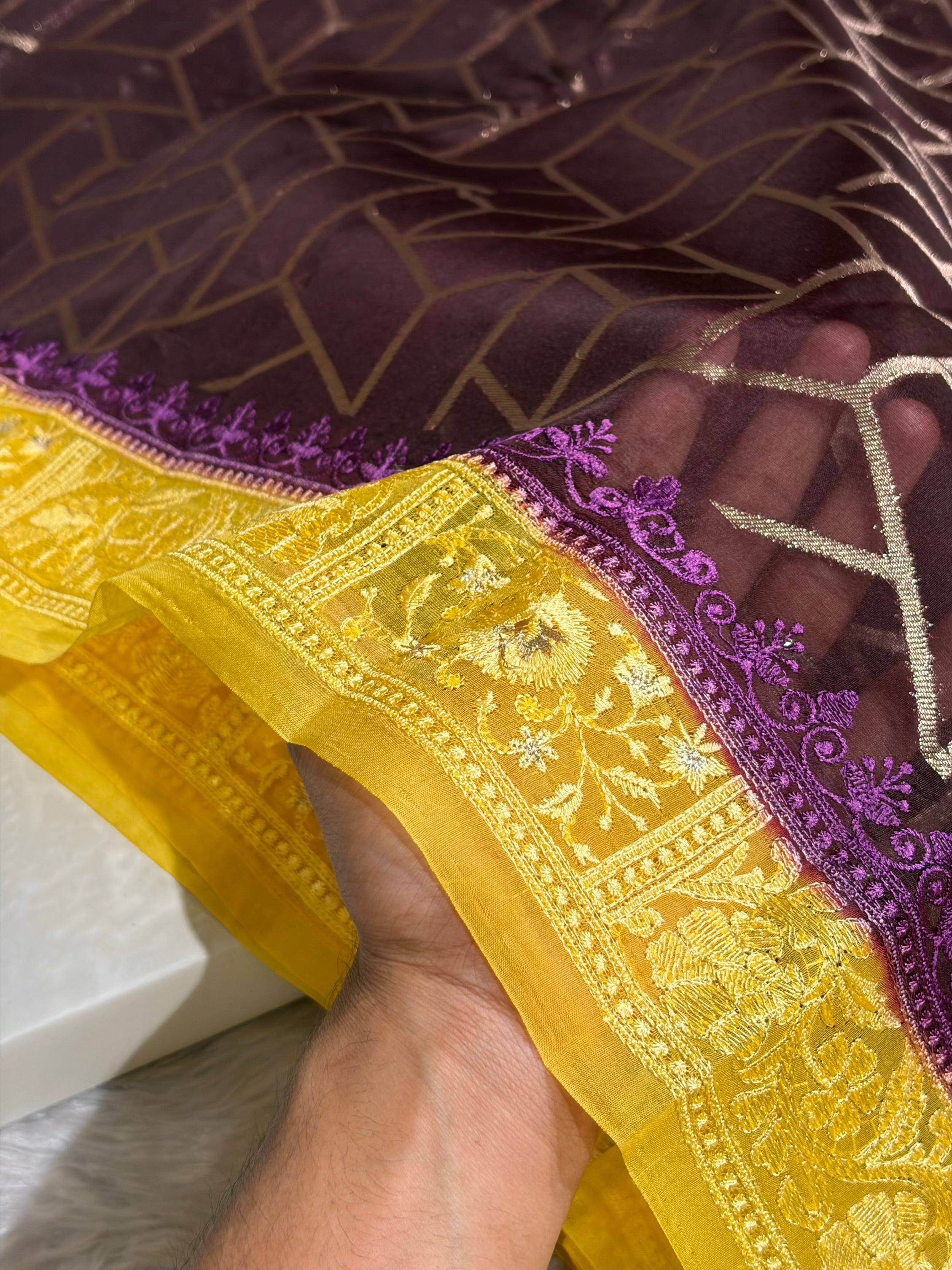 Banarasi Pure Organza Contrast Chocolate With Yellow Shades Banarasi Silk Saree PO-43
