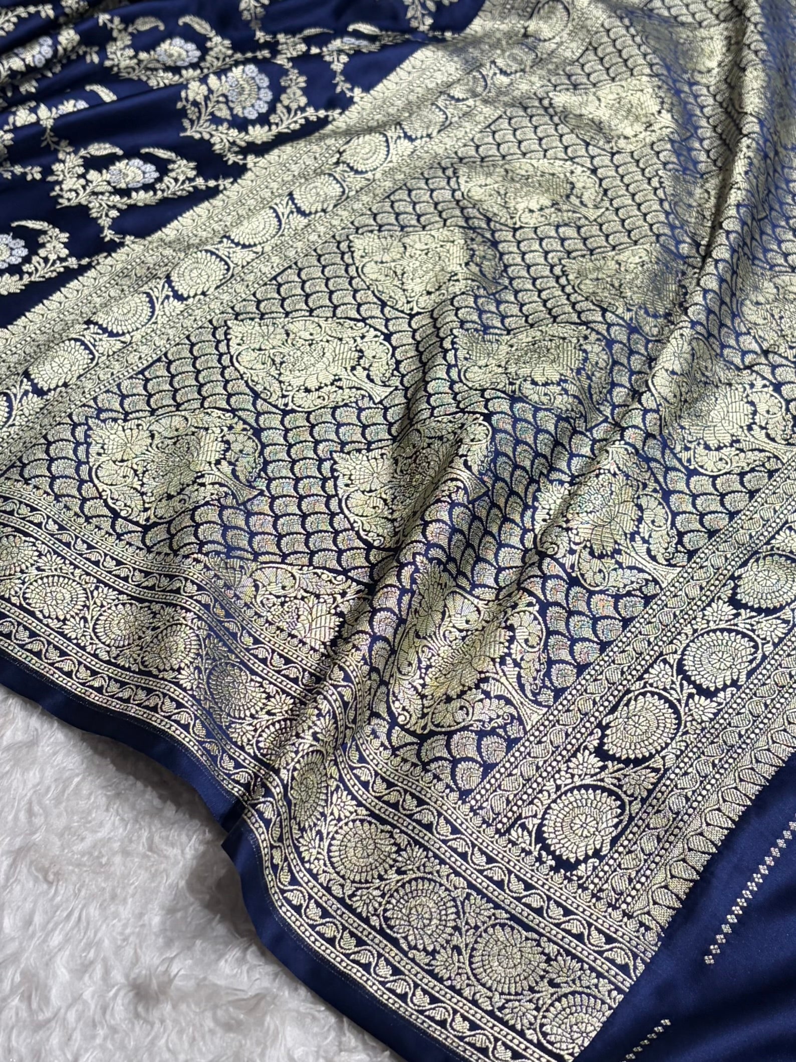 Banarasi Satin Katan Saree With Minakari Jaal Pattern in German Blue Shades SK126