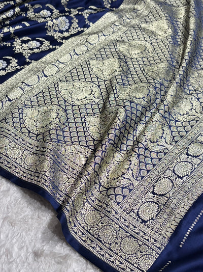 Banarasi Satin Katan Saree With Minakari Jaal Pattern in German Blue Shades SK126