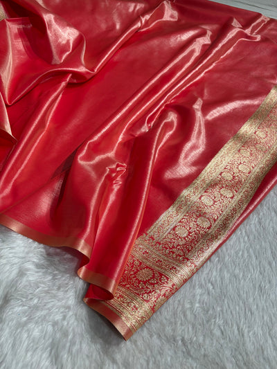 Fire Gold Contrast Shades Jaal Pattern Banarasi Satin Silk Saree SS47