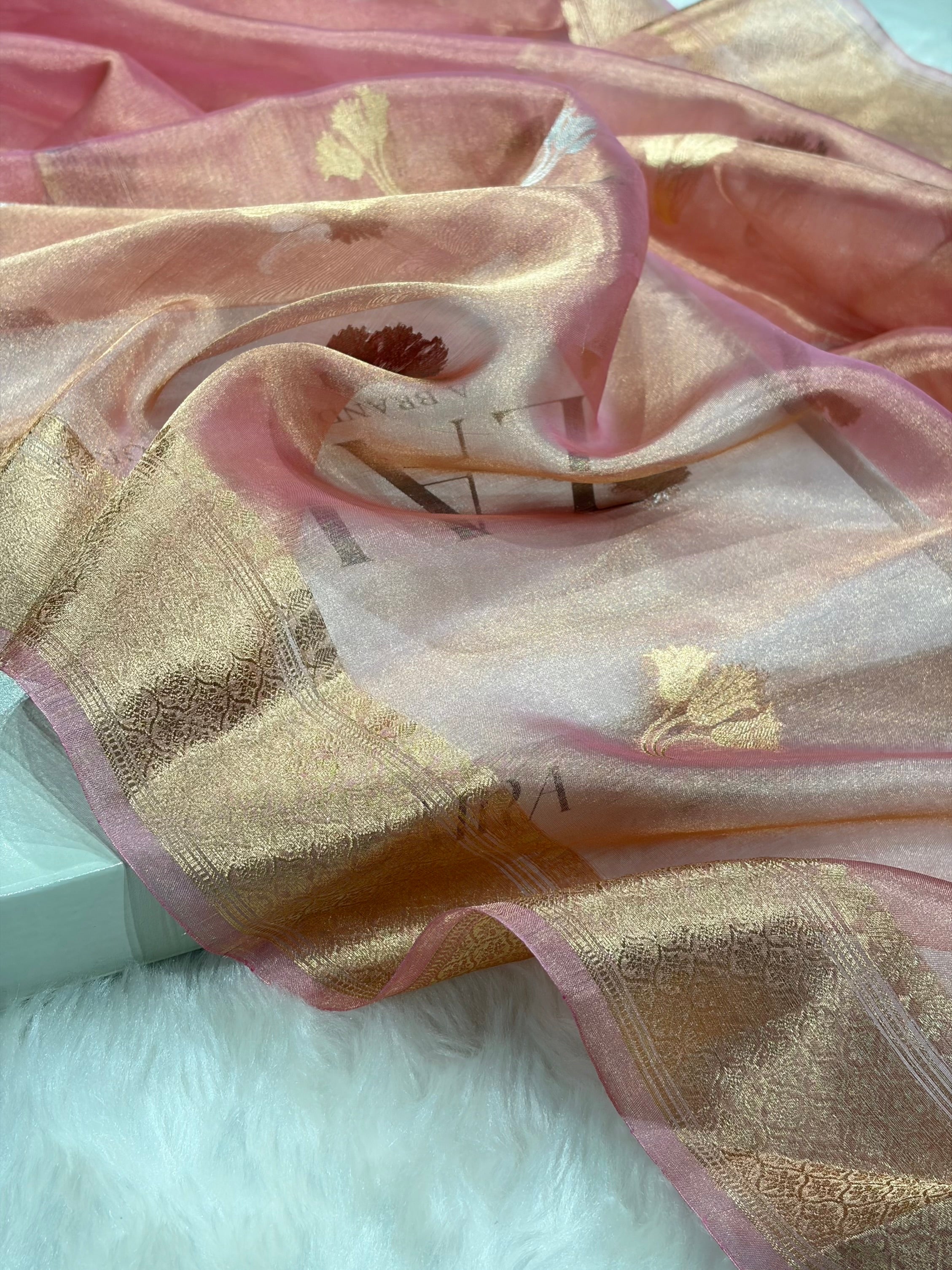 Light Peach Bananasi Floral Shades Pure Tissue Silk Saree PT-53