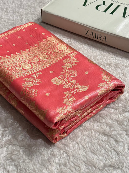 Satin Silk Saree Banarasi Cross with booti In Baby Pink Shades SS22