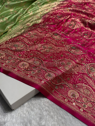Pista and Rani Contrast Banarasi Satin Katan Saree With Aari Zardozi Work Boota in Cross Pista Green Shades BSK157
