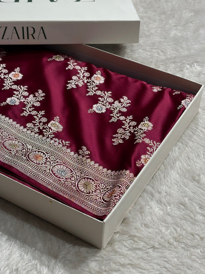 Wine Minakari Banarasi Cross Mashru Silk Saree MS01