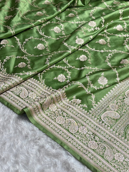 Banarasi Pista Green Shades Jaal Mashru Silk Saree