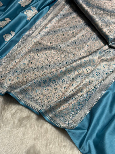 Sky Blue Sona Rupa Floral Motif Mashru Silk Saree MCS50