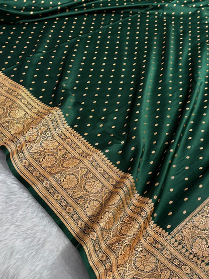 Banarasi Satin Katan Saree With Boota in Bottle Green Shades SK106