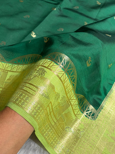 Banarasi Bottle Green With Lemon Contrast Shade Flower Boota Pure Caramel Mango Silk Saree CS-18